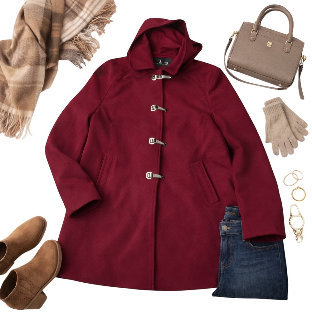 London Fog Deep Crimson Red Heavyweight Polyester Toggle Coat Hooded Womens PM